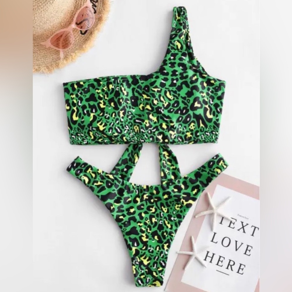 Leopard One Shoulder Tie Hem Bikini Swimsuit - Size M